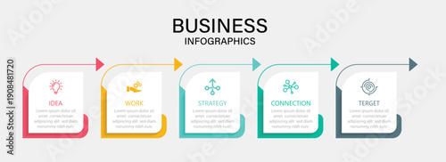 Business infographic labels design with arrow and marketing icons. Timeline infographic design with up arrow shape. Business concept with 4 options, steps, parts. Vector