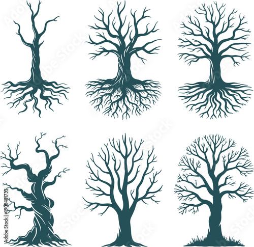 Minimalist Bare Tree Silhouette Icon Set Featuring Detailed Branch and Root Systems for Nature Conservation Environmental Growth and Abstract Concept Branding