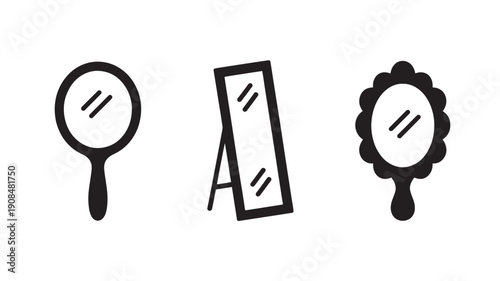 Handheld mirrors, standing mirror, and ornate mirror icons in simple black line art style on white background for beauty and grooming