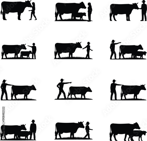 Dairy Farming Silhouette Icon Set Featuring Farmers With Cows and Calves for Livestock Management Agriculture Industry Rural Life and Ranching Branding