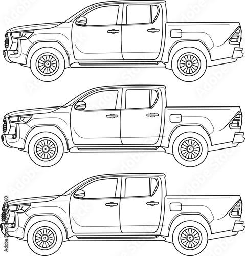 Modern Pickup Truck Vector Outline Set Featuring Various 4x4 Double Cab Models For Automotive Commercial Transportation Logistics And Vehicle Branding