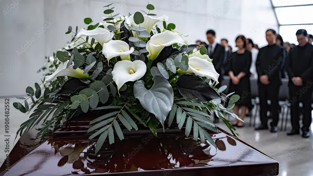 custom made wallpaper toronto digitalPolished mahogany coffin topped with white calla lilies and eucalyptus, mourners in black stand blurred under soft daylight inside a modern chapel, somber funeral atmosphere