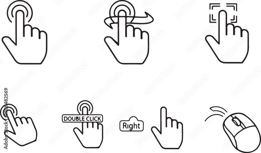 Fototapeta premium Illustrations of various hand gestures and computer mouse interactions Vector