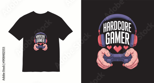 Hardcore gamer playing video games with controller and headphones design for t-shirt