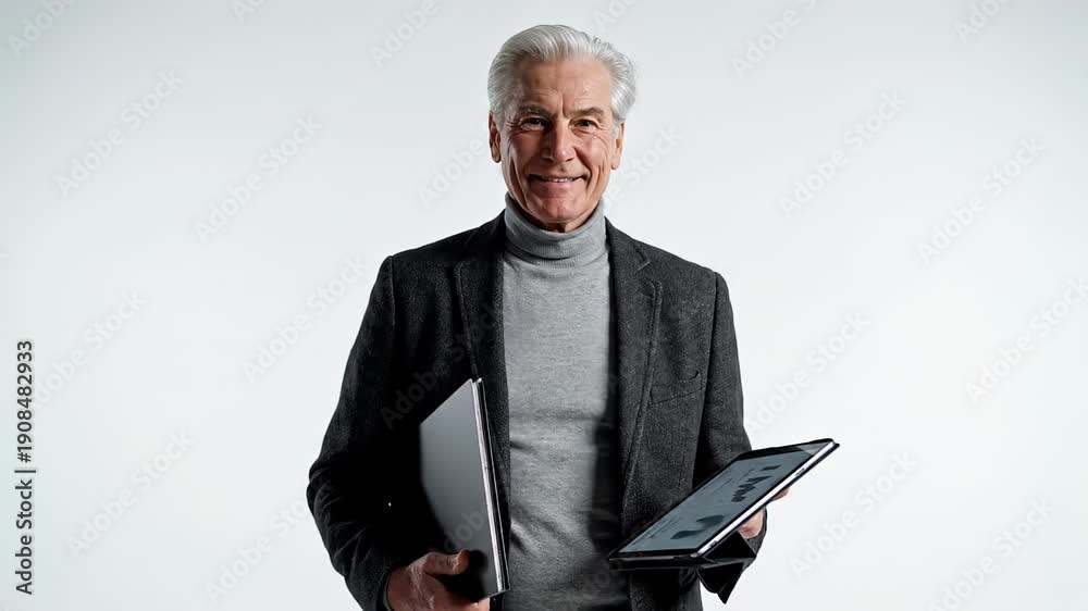 custom made wallpaper toronto digitalSenior man confidently presenting digital tablet and laptop, showcasing technology engagement with a smile and professional attire in a clean setting. concept of resuming education for the elderly