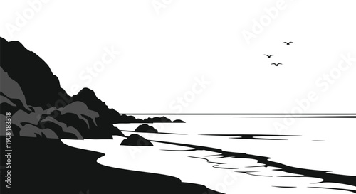 A minimalist black and white landscape featuring a coastline and birds