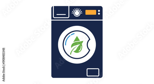 Front loading washing machine icon with a leaf inside the drum