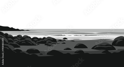 A minimalist grayscale scene of a rocky beach and calm ocean