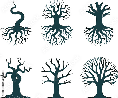 Minimalist Bare Tree Silhouette Icon Set Featuring Detailed Branch and Root Systems for Nature Conservation Environmental Growth and Abstract Concept Branding