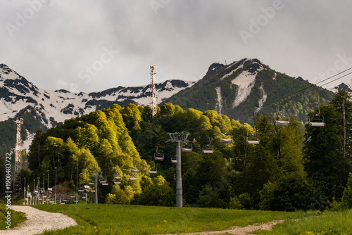 Cable car lines and ski lifts in the mountains