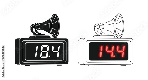 Vintage gramophone and digital alarm clock illustrations in black and white
