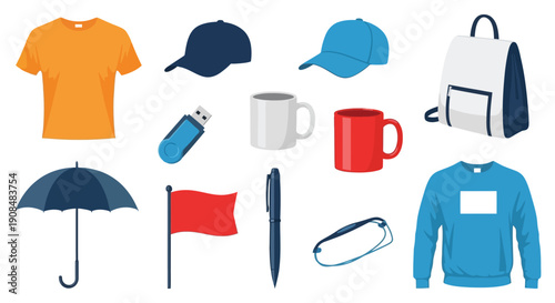 Assortment of promotional items including apparel accessories and office supplies