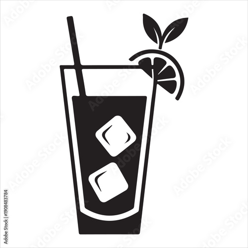 A refreshing beverage with ice cubes, a straw, and a lemon garnish in a tall glass Vector, illustration