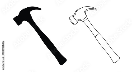 Two hammer illustrations a silhouette and a line drawing version