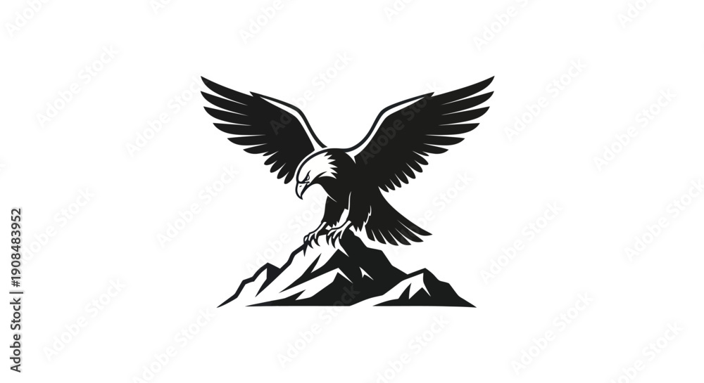 Obraz premium Soaring eagle perched on mountain peak