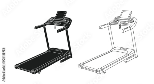 Line drawing of a treadmill shown in two different perspectives