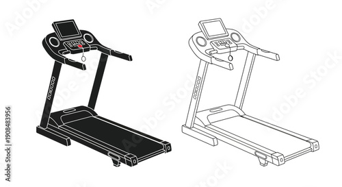 Line art illustration of a modern treadmill design in two views