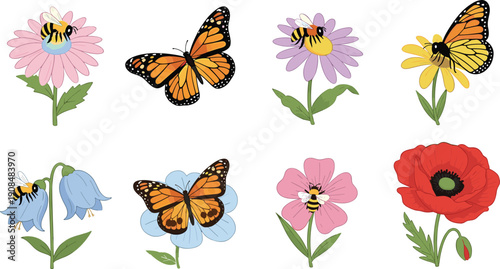 Set of Vibrant Summer Wildflowers featuring Red Poppy Blue Bell and Pink Blossoms with Monarch Butterflies and Honey Bees Isolated on Plain White Background