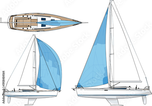 Set of Three Sailboat Illustrations Showing Top and Side Views with Blue Sails, Hull, Mast, and Deck Layout for Marine Design