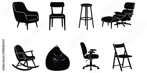 Assortment of Black Silhouette Chair Icons on White Background With Transparent Background armchair stool
