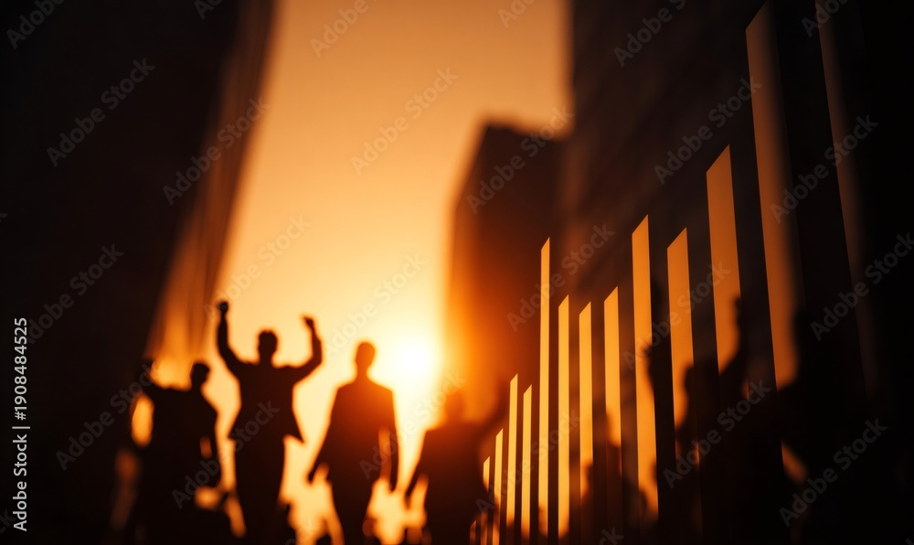 Fototapeta premium Silhouettes of a business team celebrating financial success and growth, with a graph showing increasing trends against a sunset urban background