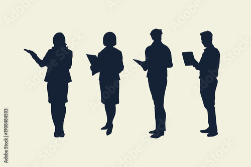 Business people silhouettes reading documents isolated on background