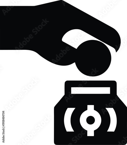 hand placing coin in jar silhouette vector illustration on transparent background