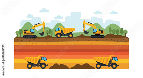 Construction site with excavators dump trucks and layered earth formations