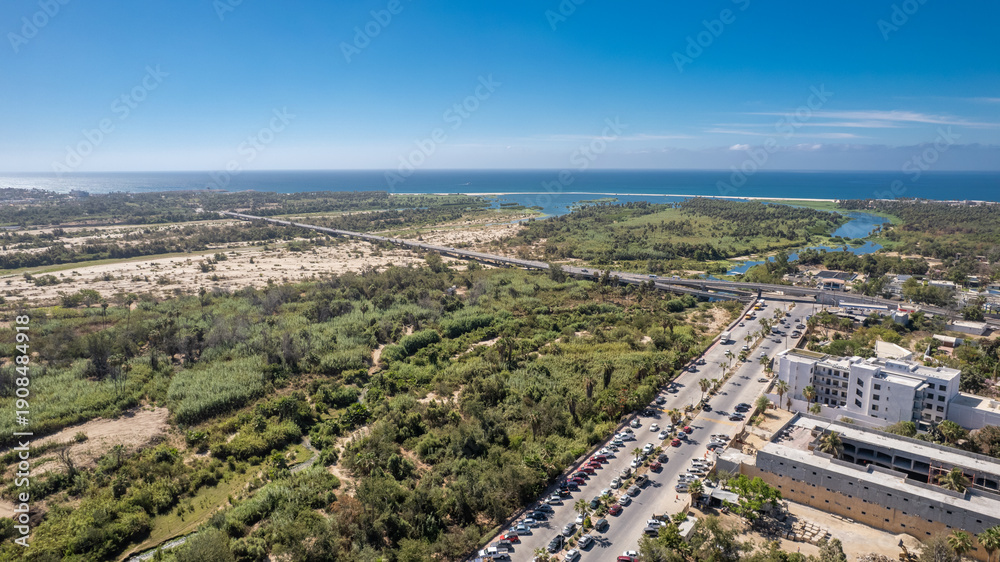 Obraz premium Aerial View of Coastal Area with Lagoon, Road and Buildings in San José del Cabo, Baja California Sur, Mexico