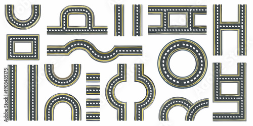 Abstract arrangement of road segments and geometric shapes on a white background