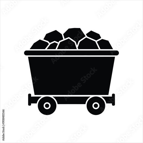 Black icon of a mine cart filled with coal, representing mining industry, resource extraction, energy production, and raw materials.