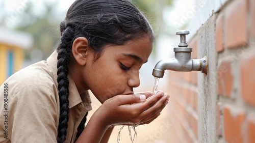 young child drinking fresh water from an outdoor tap, showing access to clean water, health, and daily hydration in a simple environment