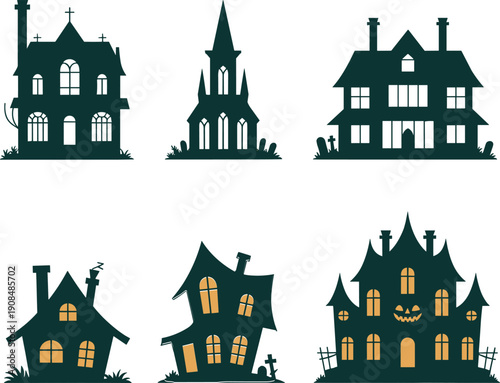 Gothic Spooky Haunted House Silhouette Icon Set Featuring Creepy Mansions With Glowing Windows For Halloween Party Decor And Horror Branding