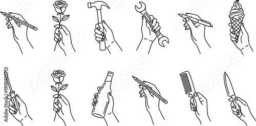 Hand holding objects icon set with everyday items in minimalist line vector illustration isolated on white background for lifestyle and gesture design