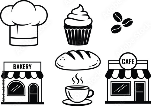 Bakery and Cafe Icons Chef Hat Cupcake Coffee Beans Bread and Shops store building