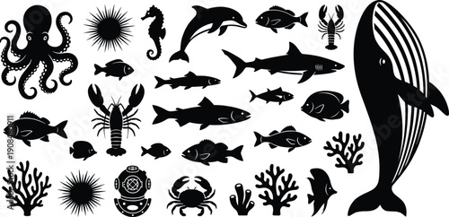 Marine life icon set with whale, fish, octopus and sea creatures in black silhouette vector collection isolated on white background for ocean wildlife design