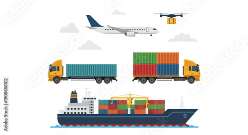 Illustration depicting various modes of transportation plane truck ship and drone