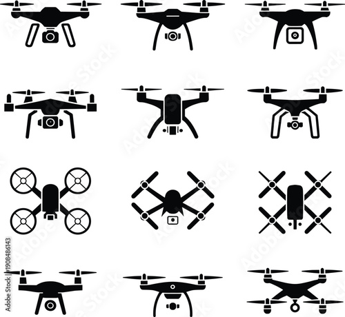 Professional Drone and Quadcopter Silhouette Icon Set Featuring Various Unmanned Aerial Vehicle Models With Cameras For Photography Delivery And Surveillance Branding