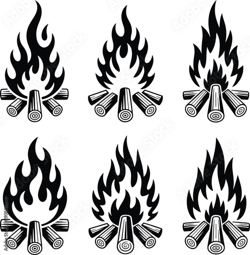 Minimalist Campfire Vector Icon Set Featuring Various Bonfire Silhouettes With Detailed Wood Logs For Outdoor Camping Adventure And Wilderness Branding