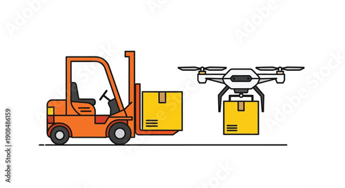 Forklift and drone transporting boxes in a simplified illustrative style