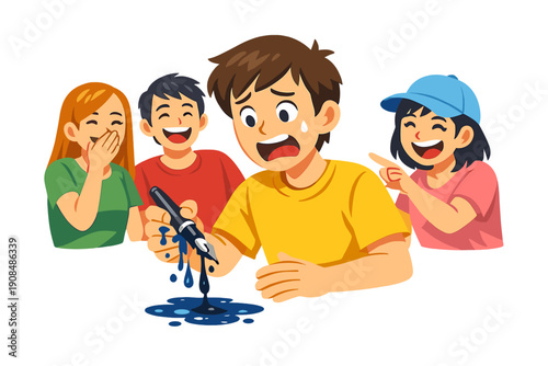 Friends laugh as one of them lifts a pen, ink suddenly spilling, while the others grin mischievously in the background