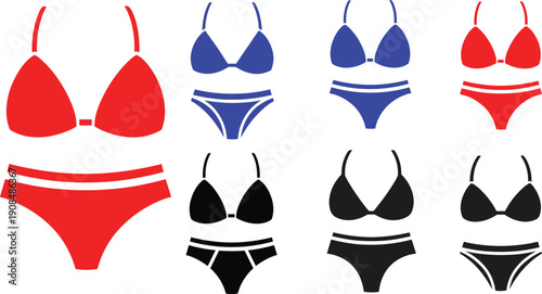 Bikini silhouette illustration set, eight swimwear designs red blue black halter bandeau varied bottoms fashion beach theme, vector artwork, clothing and style concept, isolated background