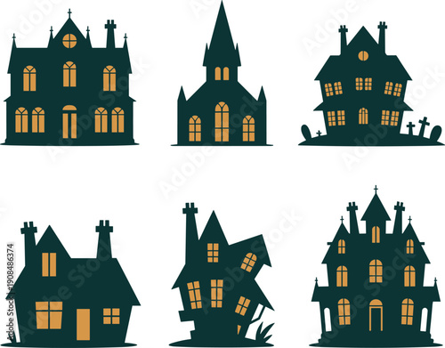Spooky Halloween Haunted House Silhouette Icon Set Featuring Creepy Gothic Mansions With Glowing Windows For Horror Party Decor And Autumn Branding