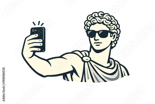 Classical Selfie: A grand marble statue, evoking ancient Greece, surprisingly grips a contemporary smartphone, snapping a selfie while sporting sunglasses