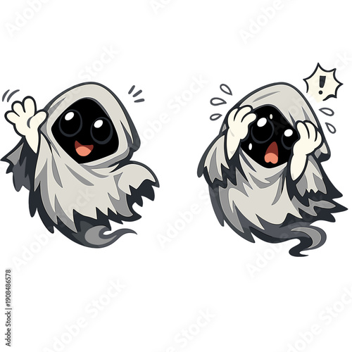 A whimsical specter with huge eyes peeks through a ragged cloak, drifting and giggling, attempts to wave its ethereal arms yet inadvertently frightens itself, resulting in a lighthearted, harmless