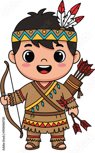 Native-inspired child cartoon illustration, boy in feather headband tunic fringe arrows bow smiling cultural costume design, vector artwork, childhood and heritage theme, isolated background