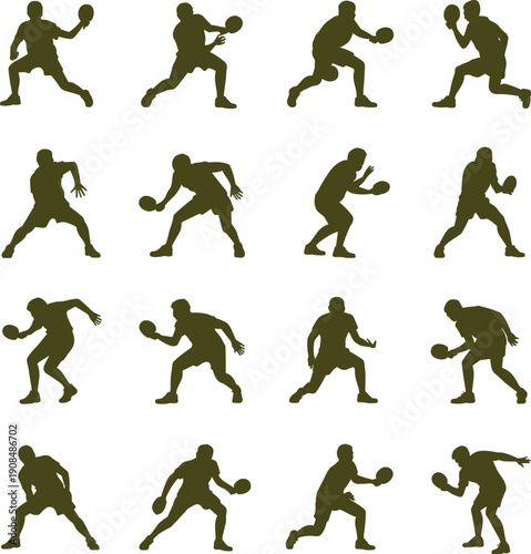 Minimalist Green Silhouette Icon Set Featuring Professional Table Tennis Players in Various Action Poses for Ping Pong Tournament Branding Athletics