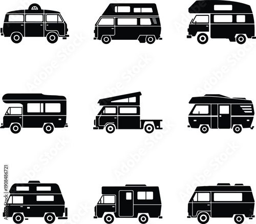 Camper Van and Recreational Vehicle Silhouette Icon Set Featuring Various Motorhome Models for Van Life Travel Adventure Tourism and Camping Branding