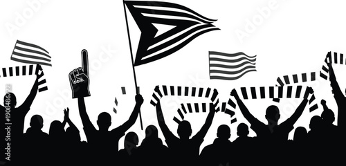 Silhouette Crowd of Cheering Sports Fans Waving Flags and Scarves at a Stadium Arena Event Isolated on White Background for Football Championship Celebration Design