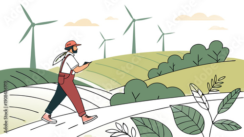Smart Farmer using Tablet in Agricultural Field with Sustainable Wind Turbines Vector Illustration,  bearded farmer in overalls and a cap, carrying a hoe and walking along a field path while looking 